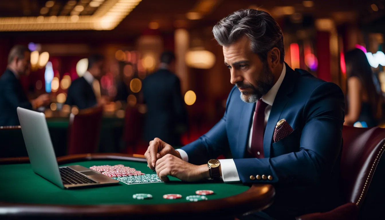 hombre de 40 años, vestido con traje elegante, jugando cartas de casino en frente de laptop
