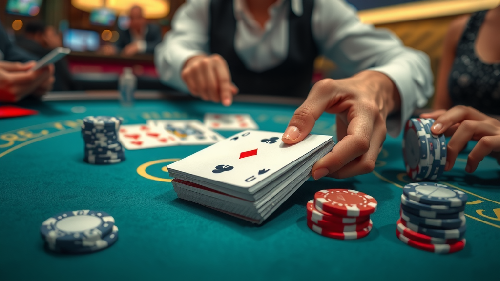 Close-up of blackjack table with cards and chips.