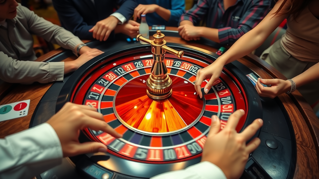 Spinning roulette wheel with players' focus.