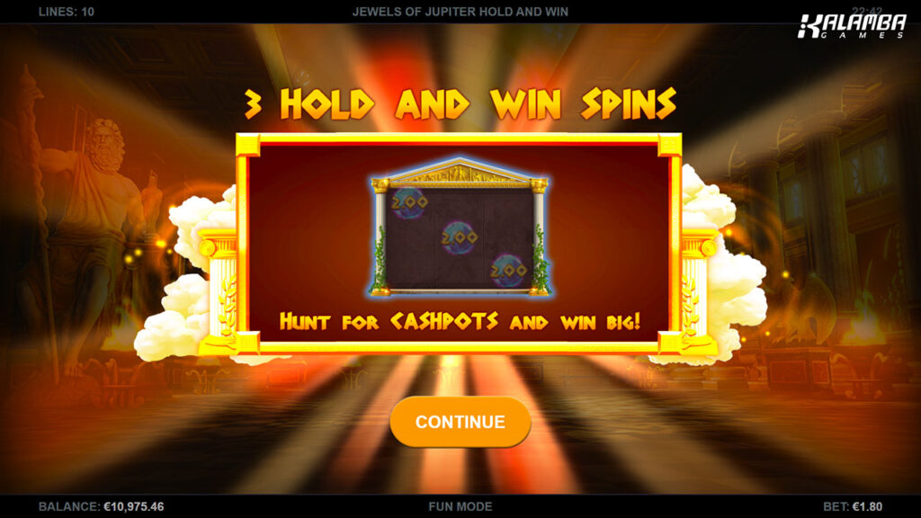 Jewels of Jupiter Hold and Win Screenshot of hold and win spins
