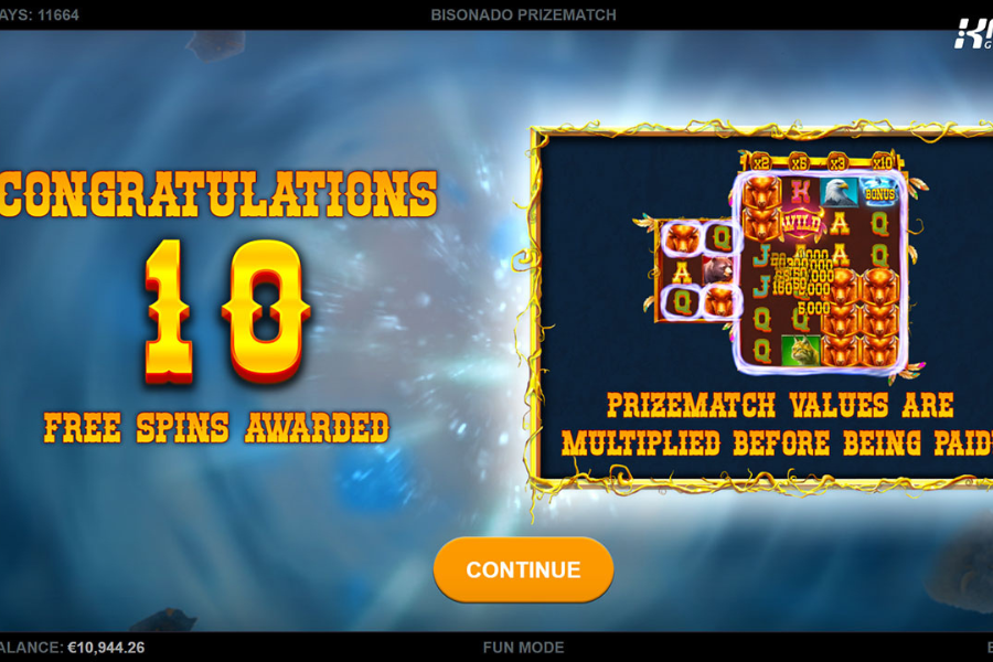 Bisonado PrizeMatch screenshot of free spins awarded